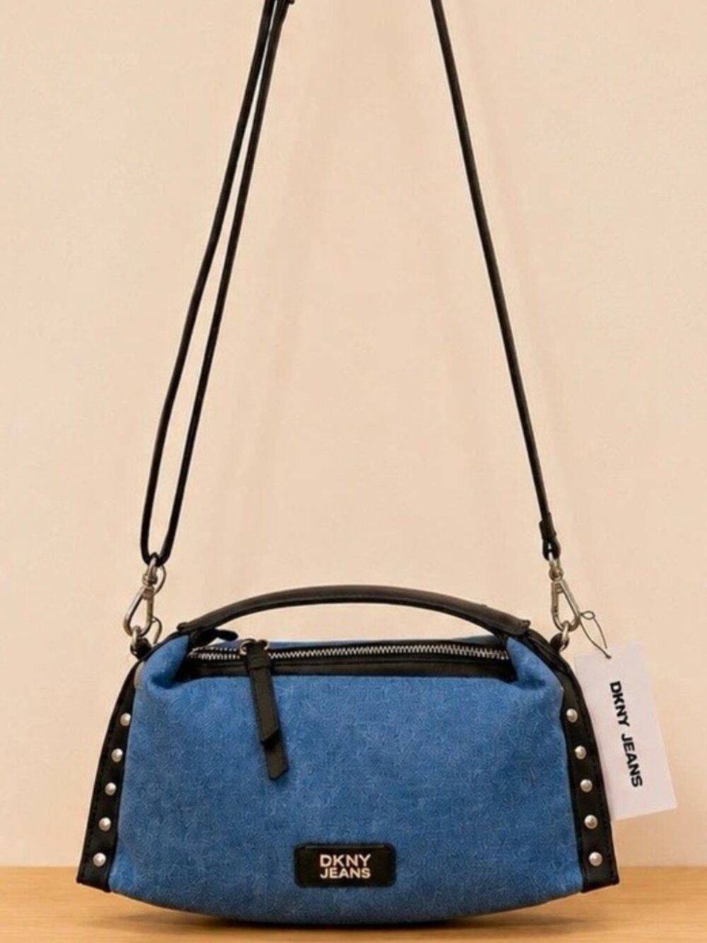 DKNY Jeans Mini Blue Denim Crossbody Bag Studded Black Trim and Heart Charm NWT